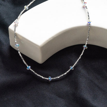 Sterling Silver Square Beaded Necklaces, 1.6mm Silver Bead Chain with 6mm Rondelle Crystal, Ready to Wear (CY-054)