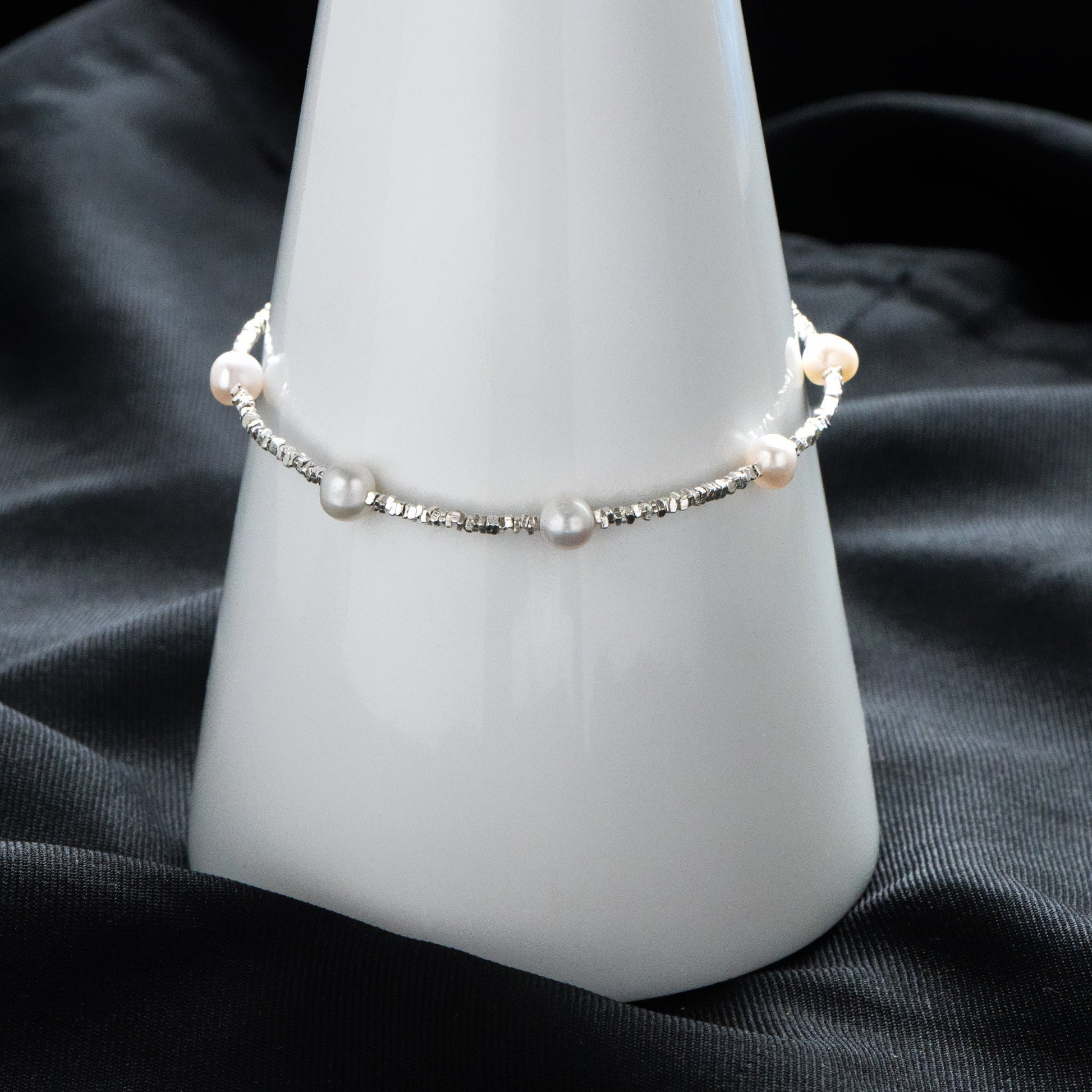 Sterling Silver Beaded Bracelet with Natural Pearls, Adjustable Solid .925 Silver Bracelets (CY-055)