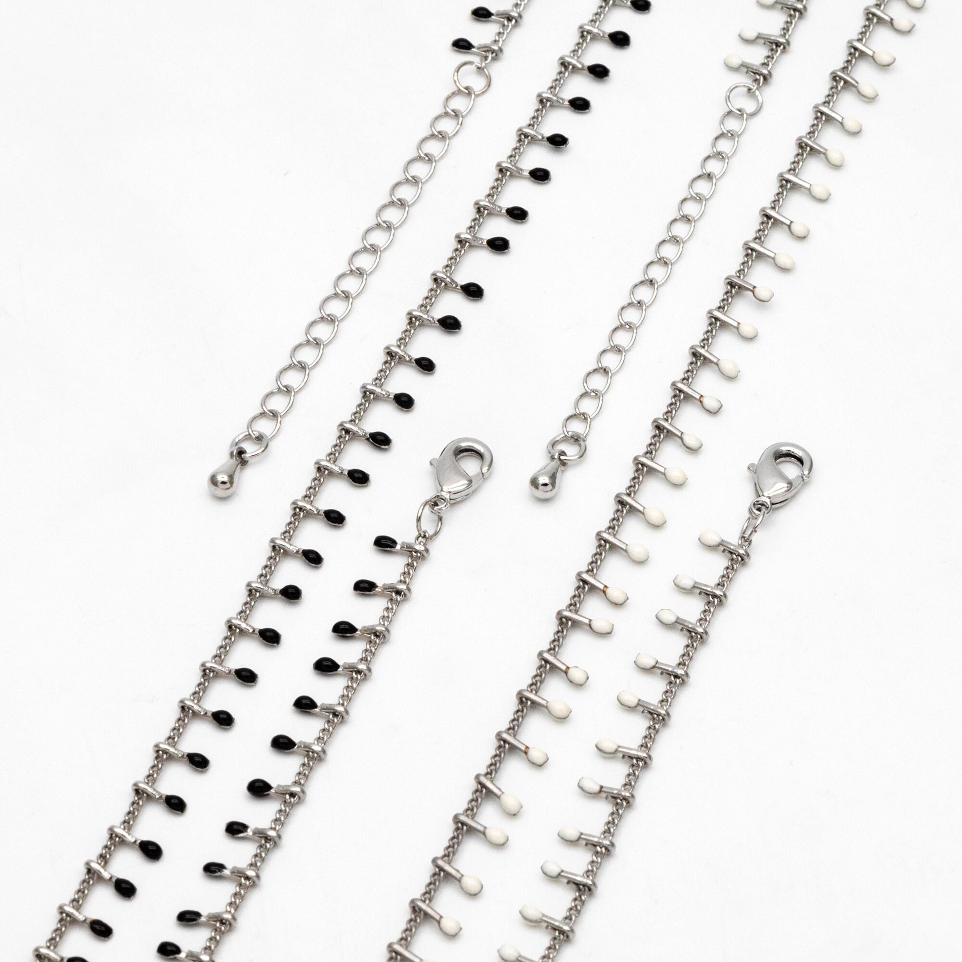 Rhodium plated Brass Enamel Chain, Adjustable Bracelet/ Anklet/ Necklace, White/ Black (#LK-202)