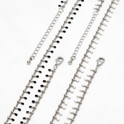 Rhodium plated Brass Enamel Chain, Adjustable Bracelet/ Anklet/ Necklace, White/ Black (#LK-202)