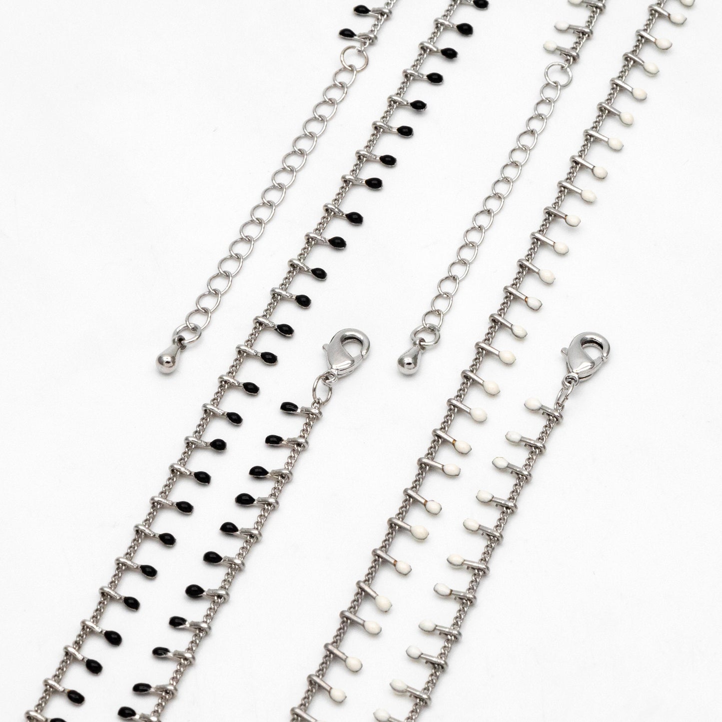 Rhodium plated Brass Enamel Chain, Adjustable Bracelet/ Anklet/ Necklace, White/ Black (#LK-202)
