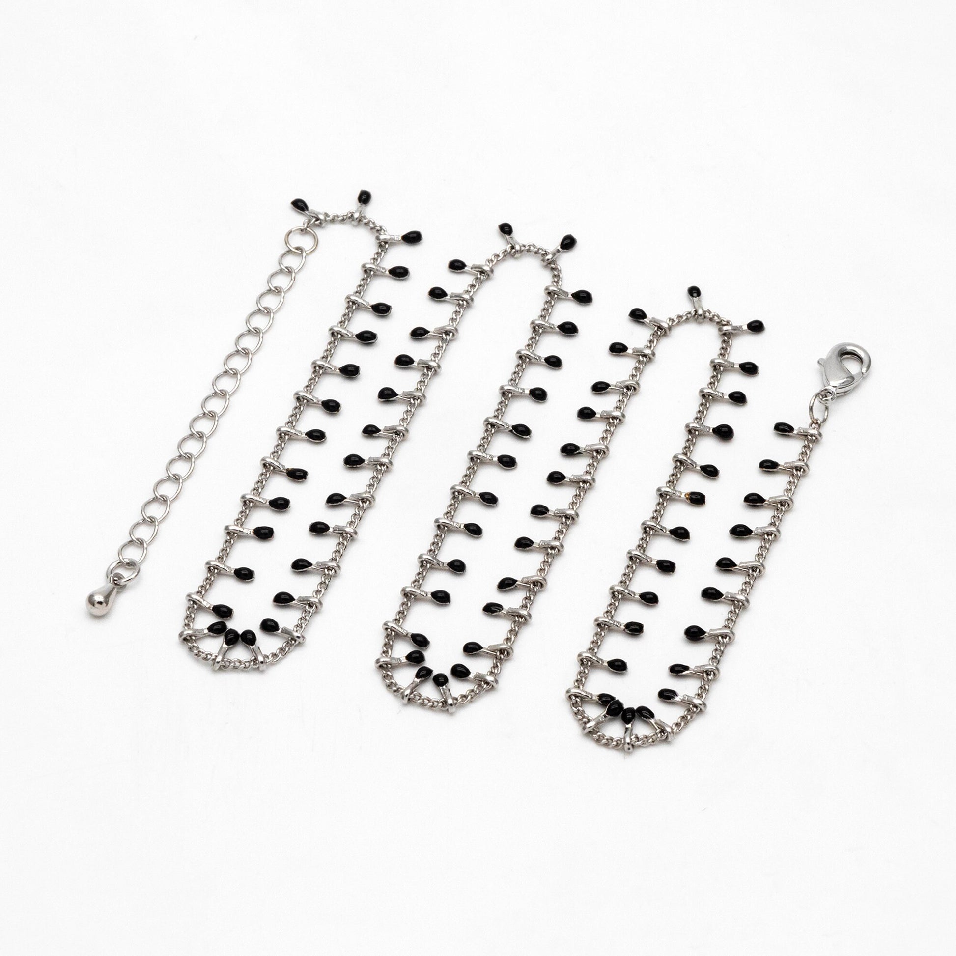 Rhodium plated Brass Enamel Chain, Adjustable Bracelet/ Anklet/ Necklace, White/ Black (#LK-202)