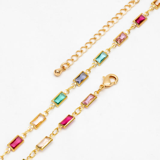Mix Color Glass Beaded Chain, Rectangle Shape Gold Chain, Finished Bracelet/ Anklet/ Necklace with Extender Chain, Ready to Wear (#LK-609)