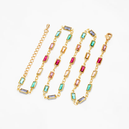 Mix Color Glass Beaded Chain, Rectangle Shape Gold Chain, Finished Bracelet/ Anklet/ Necklace with Extender Chain, Ready to Wear (#LK-609)