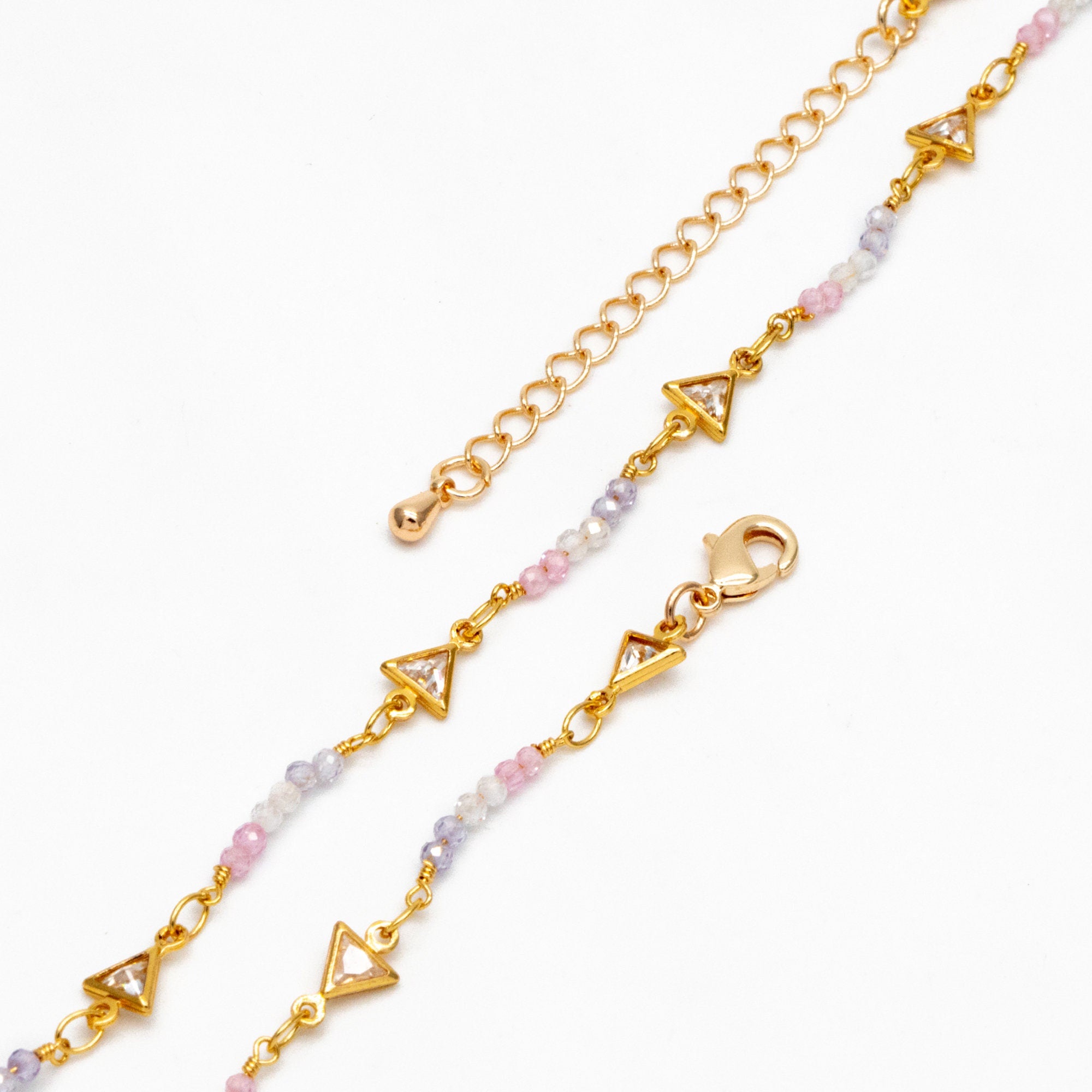 Gold Triangle Connector With CZ Bead Chain, Finished Bracelet/ Anklet/ Necklace with Extender Chain, Ready to Wear (#LK-610)