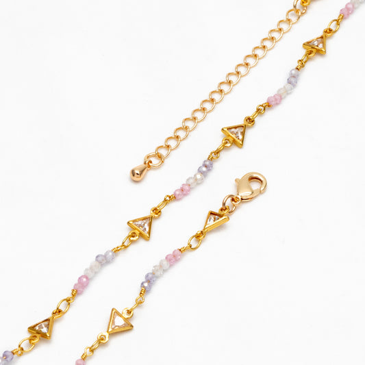 Gold Triangle Connector With CZ Bead Chain, Finished Bracelet/ Anklet/ Necklace with Extender Chain, Ready to Wear (#LK-610)