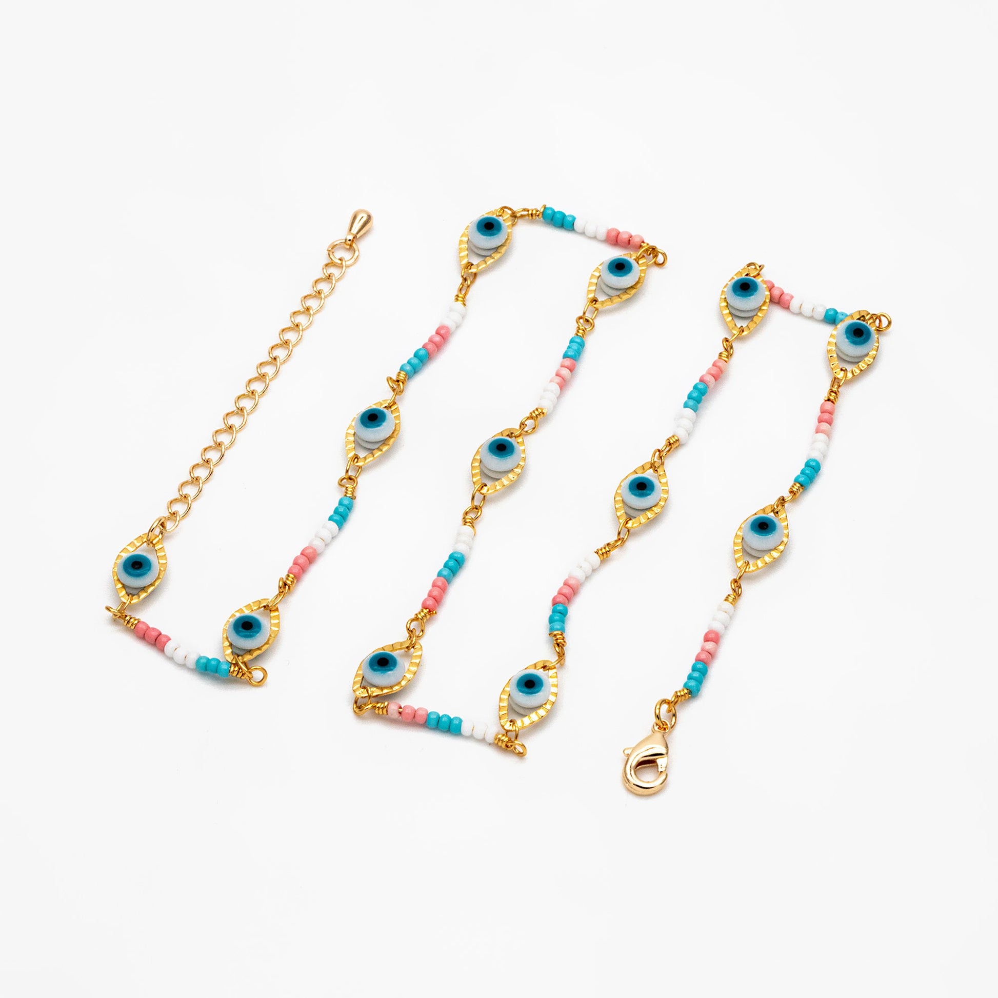 Gold Evil Eye Chain with Seed Beads, Finished Bracelet/ Anklet/ Necklace with Adjustable Extender Chain, Ready to Wear (#LK-611)