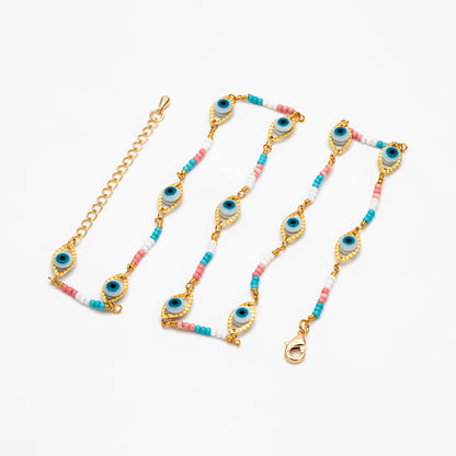 Gold Evil Eye Chain with Seed Beads, Finished Bracelet/ Anklet/ Necklace with Adjustable Extender Chain, Ready to Wear (#LK-611)