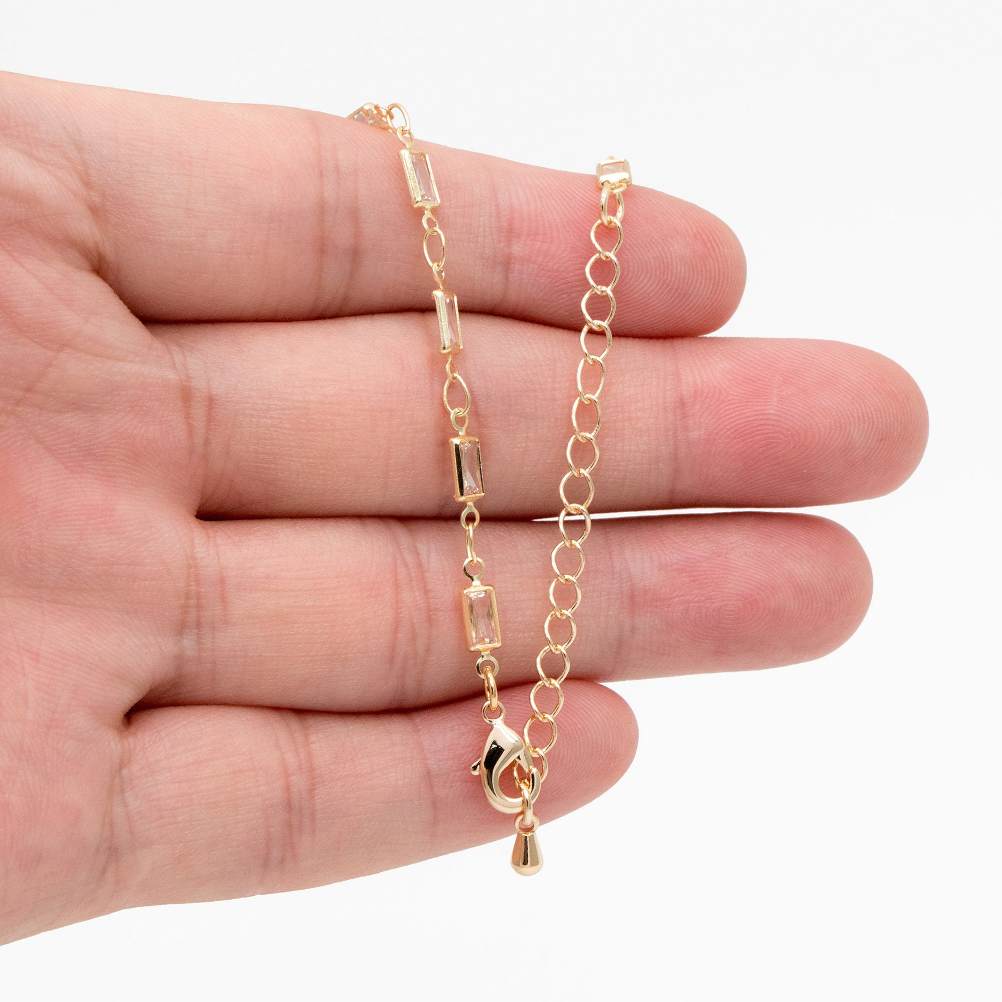 Gold Rectangle Cubic Zirconia Chain, Finished Bracelet/ Anklet/ Necklace with Extender Chain, Ready to Wear (#LK-613)