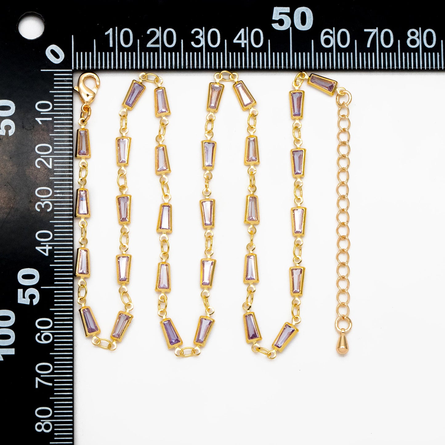 Gold Lavender Trapezium Cubic Zirconia Chain, Finished Bracelet/ Anklet/ Necklace with Extender Chain, Ready to Wear (#LK-614)