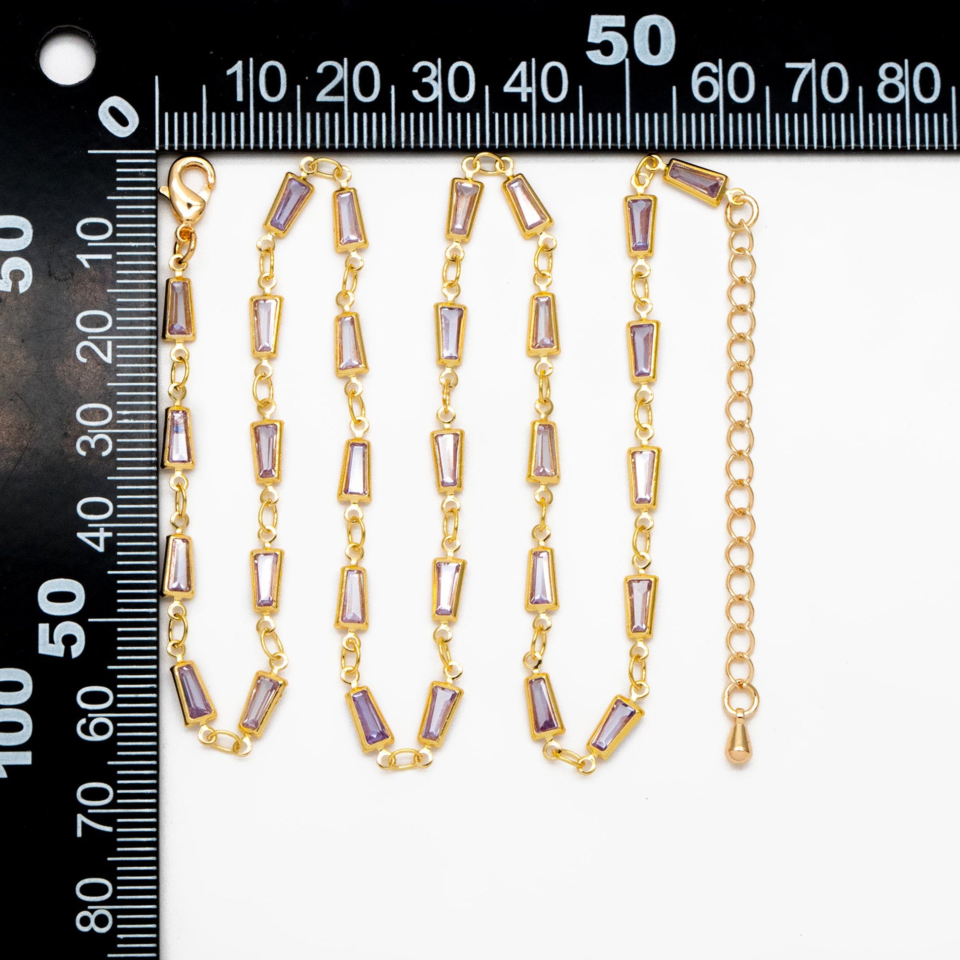 Gold Lavender Trapezium Cubic Zirconia Chain, Finished Bracelet/ Anklet/ Necklace with Extender Chain, Ready to Wear (#LK-614)