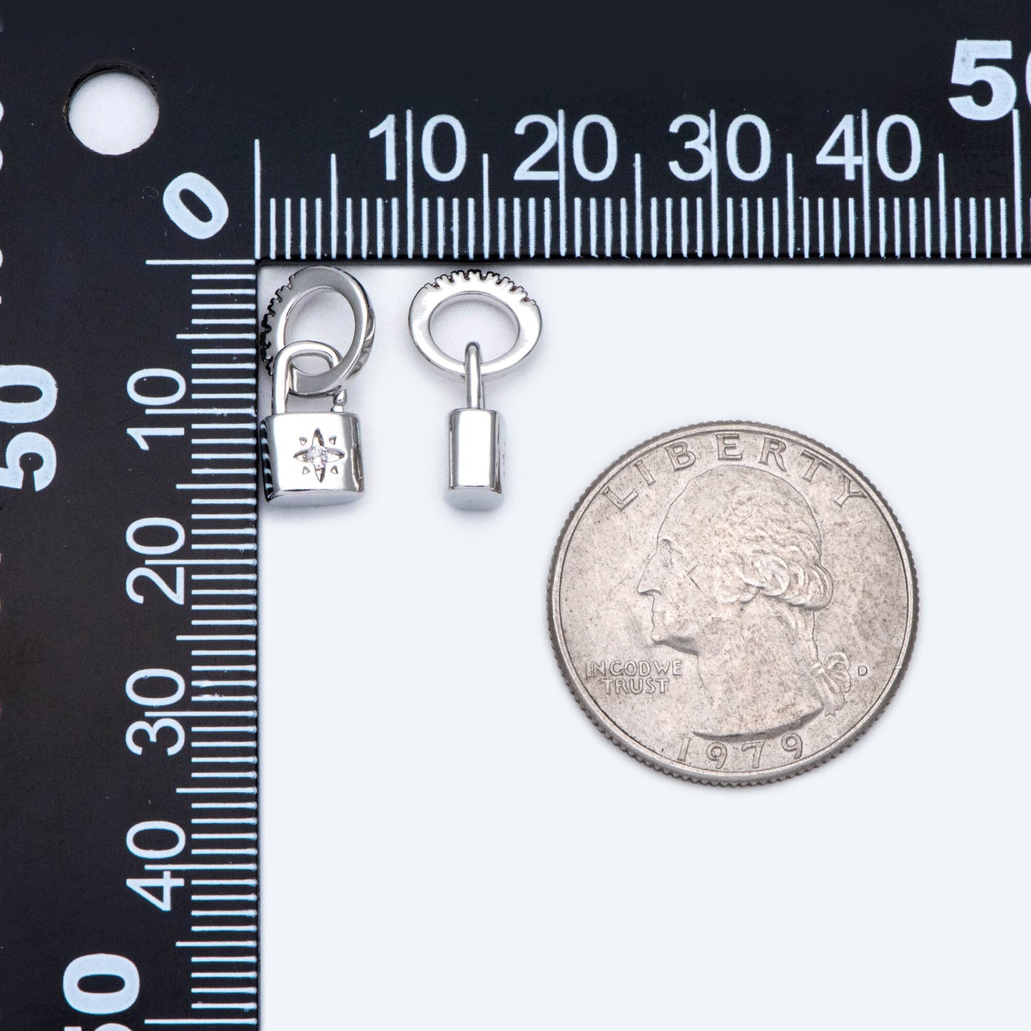 4pcs CZ Pave Gold/ Silver Tone Lock Charm, Padlock charm 17x9mm, Real Gold/ Rhodium plated Brass (GB-751-D)