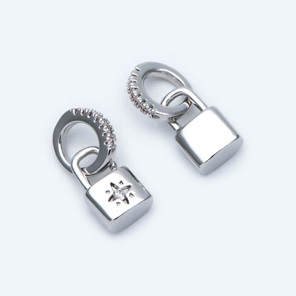 4pcs CZ Pave Gold/ Silver Tone Lock Charm, Padlock charm 17x9mm, Real Gold/ Rhodium plated Brass (GB-751-D)