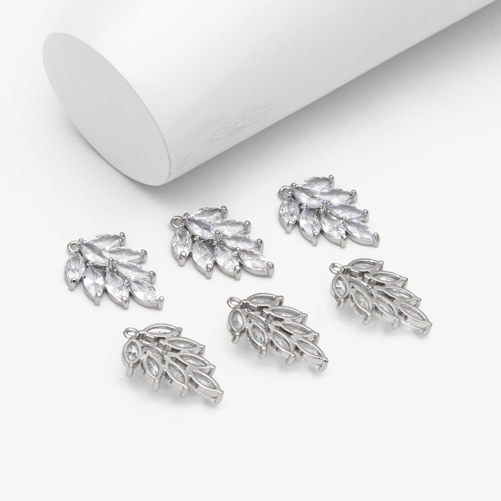 4pcs CZ pave Gold/ Silver Tone Leaf Charms, 18K Gold/ Rhodium plated Brass, 21/ 25mm, Cubic Zirconia Leaf Pendants (GB-3037)