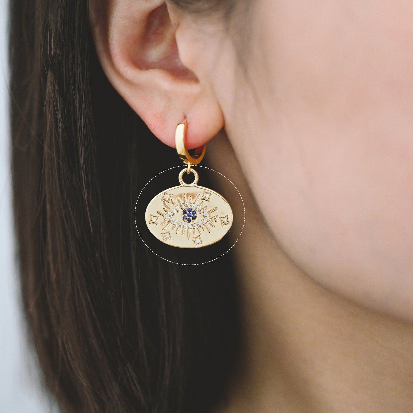 4pcs Gold Evil Eye Charm 22mm, Cubic Zirconia CZ Pave, 18K Gold plated brass, Evil Eye Oval Pendants (GB-1527-P)