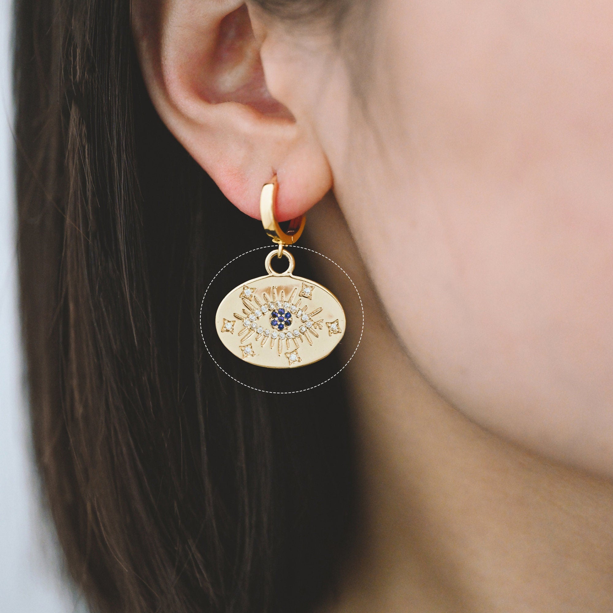 4pcs Gold Evil Eye Charm 22mm, Cubic Zirconia CZ Pave, 18K Gold plated brass, Evil Eye Oval Pendants (GB-1527-P)