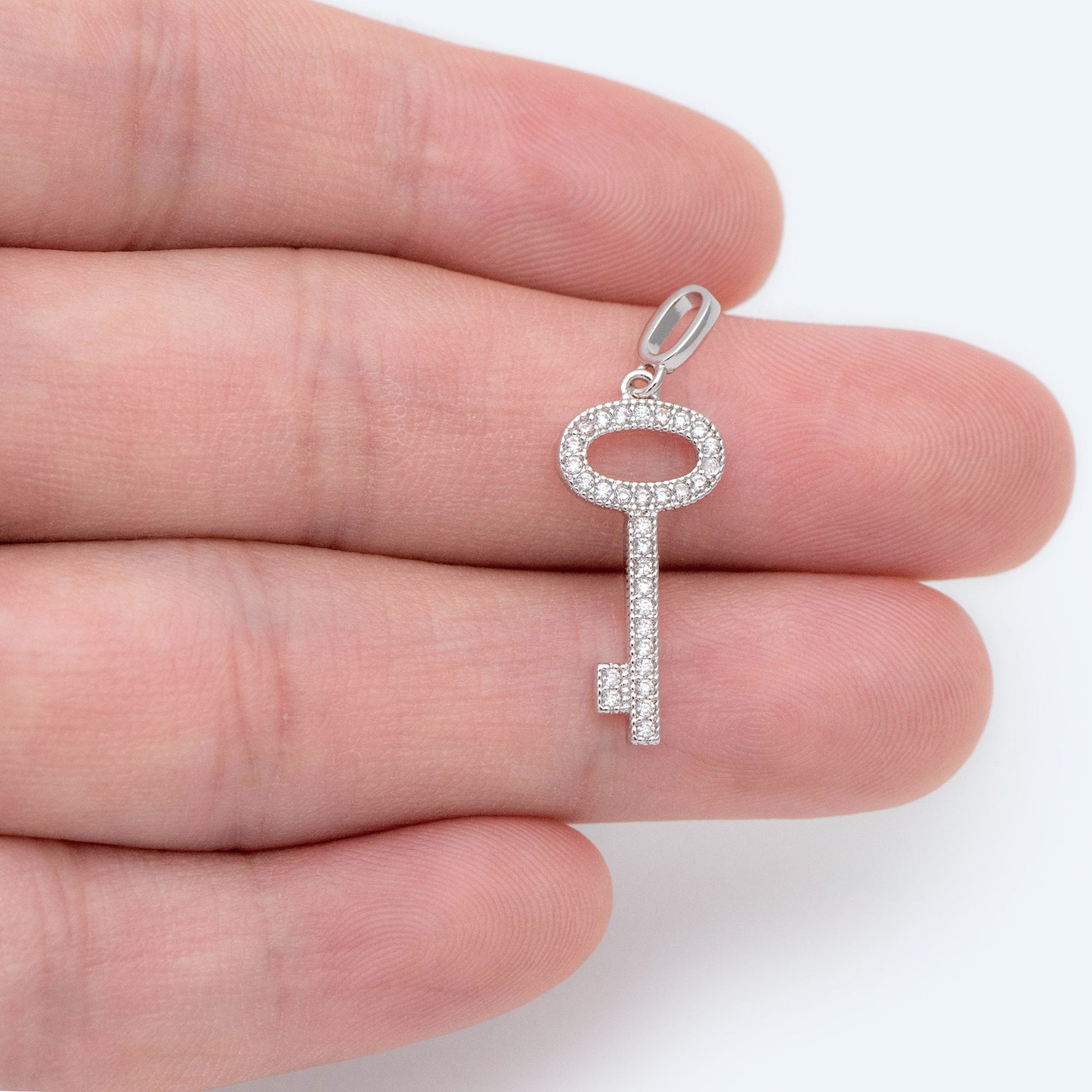 4pcs CZ Pave Gold/ Silver Tone Key Charms 21x10mm, 18K Gold/ Rhodium plated Brass Key Pendants (GB-1774)
