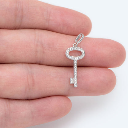 4pcs CZ Pave Gold/ Silver Tone Key Charms 21x10mm, 18K Gold/ Rhodium plated Brass Key Pendants (GB-1774)