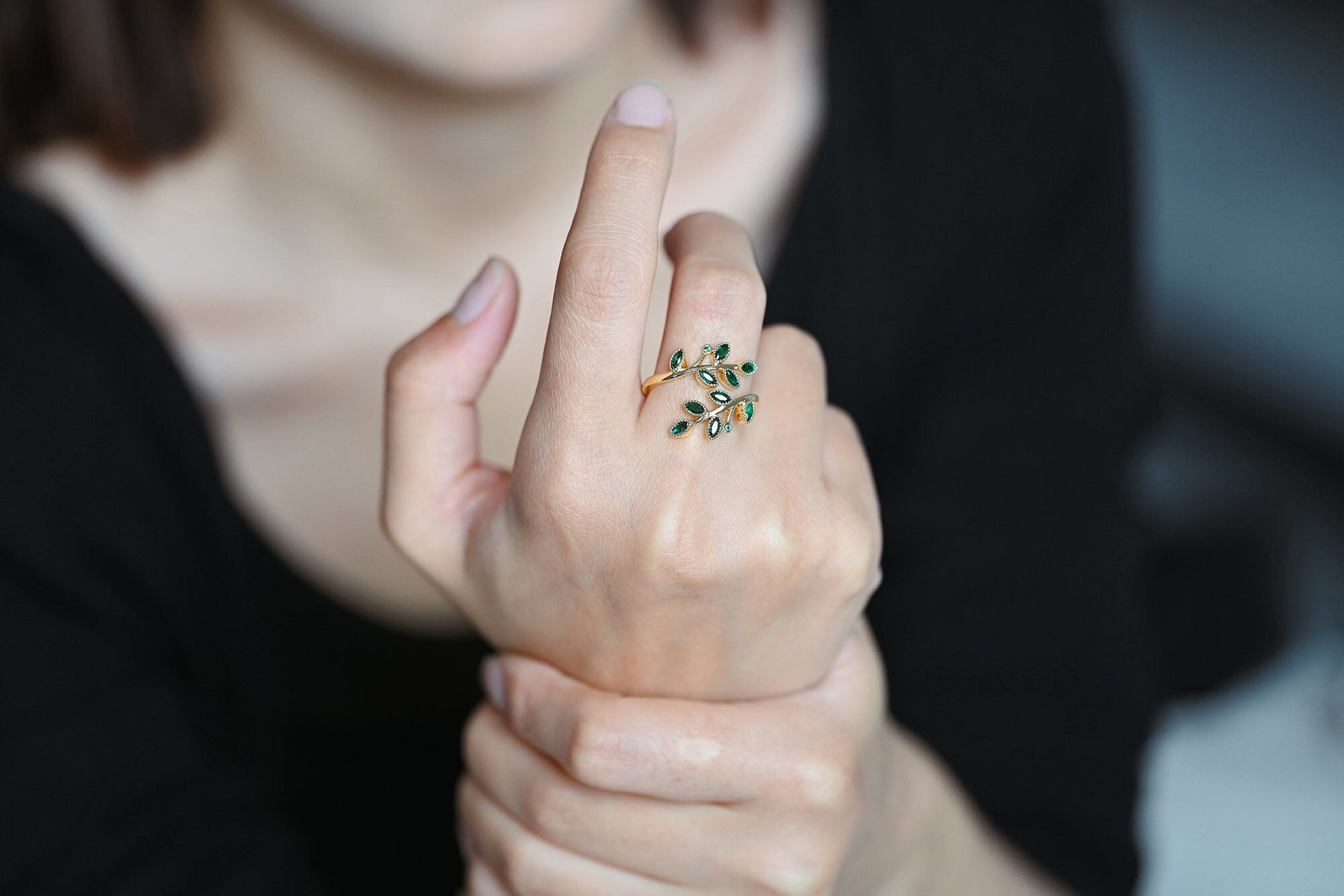4pcs CZ Pave Gold Emerald Leaf Ring, Branch Ring, Dainty Rings, Adjustable Ring, Nature Ring (#JZ-049)