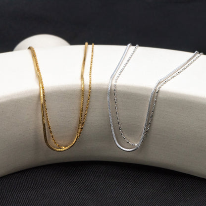 Sterling Silver Double Layer Necklace, Dainty Snake Chain, Layering Necklaces, Ready to Wear (CY-044)