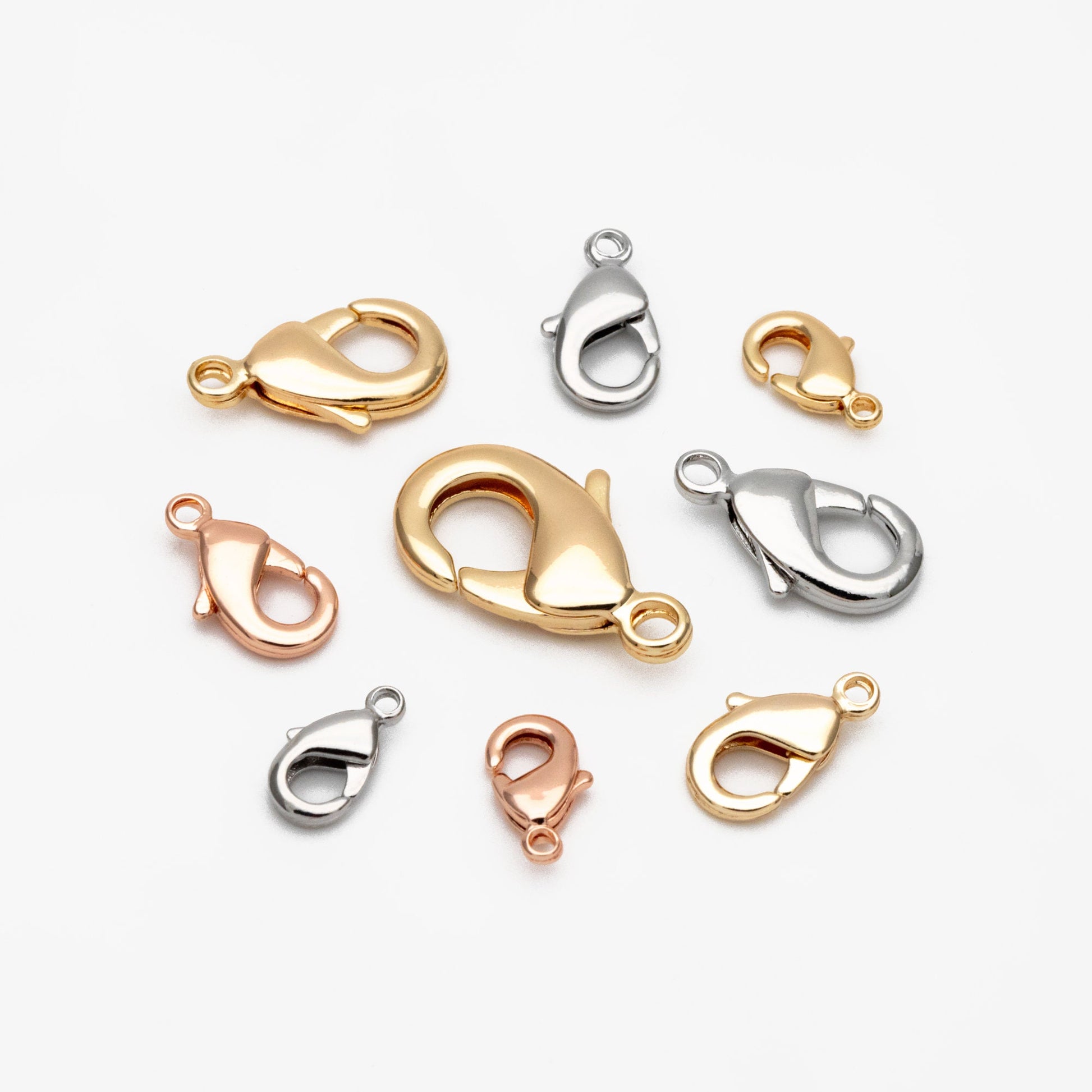 20pcs Gold/ Silver/ Rose Gold Lobster Claw Clasps, 10/ 12/ 15/ 19mm Multi Sizes, Real Gold plated Brass, Necklace Bracelet Clasps (GB-027)