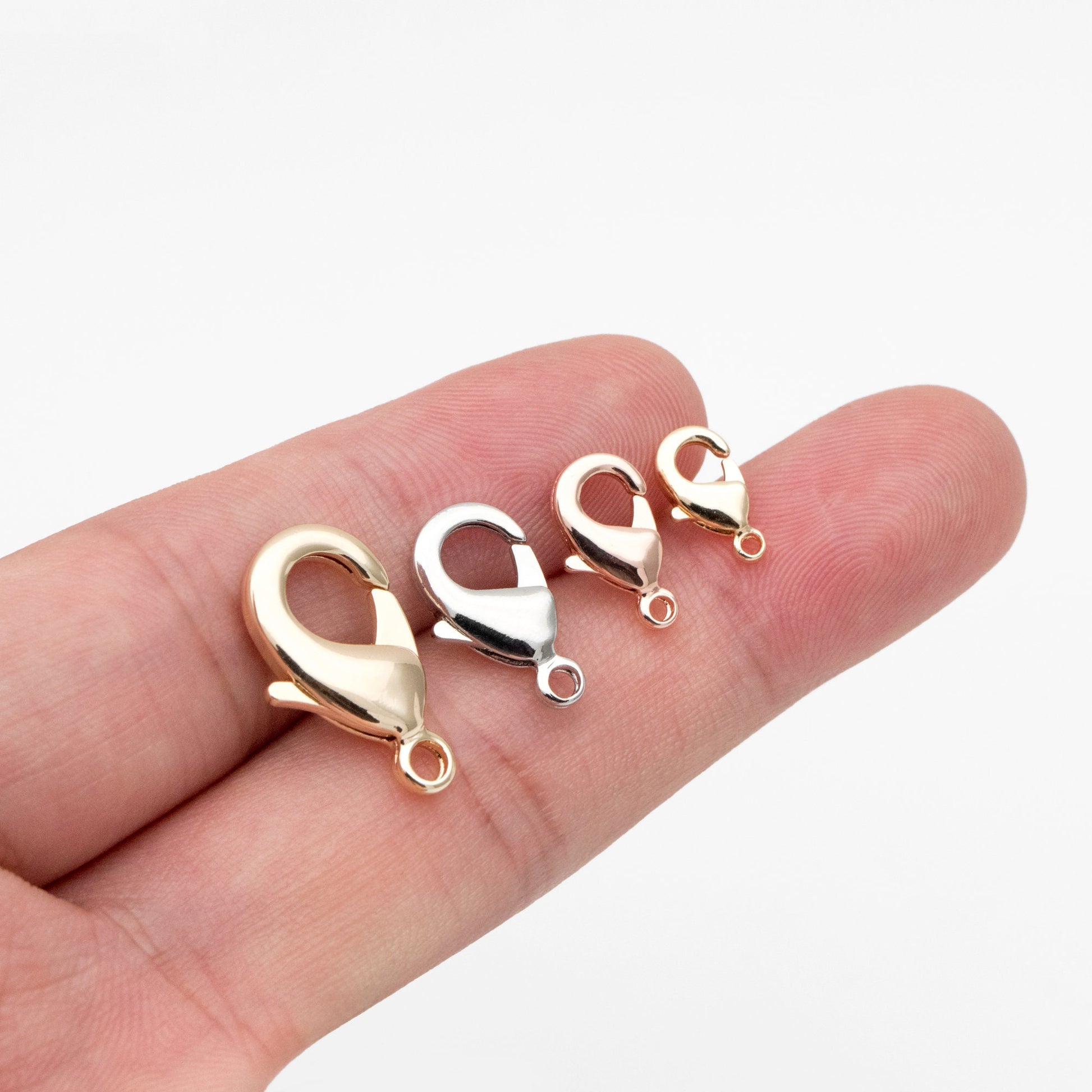 20pcs Gold/ Silver/ Rose Gold Lobster Claw Clasps, 10/ 12/ 15/ 19mm Multi Sizes, Real Gold plated Brass, Necklace Bracelet Clasps (GB-027)