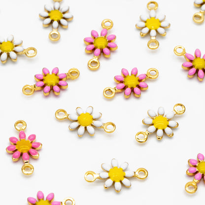 10pcs Gold Enamel Flower Charm Connectors 13x7.5mm, 18K Gold plated Brass, Floral Pendants with Loops (GB-4436)