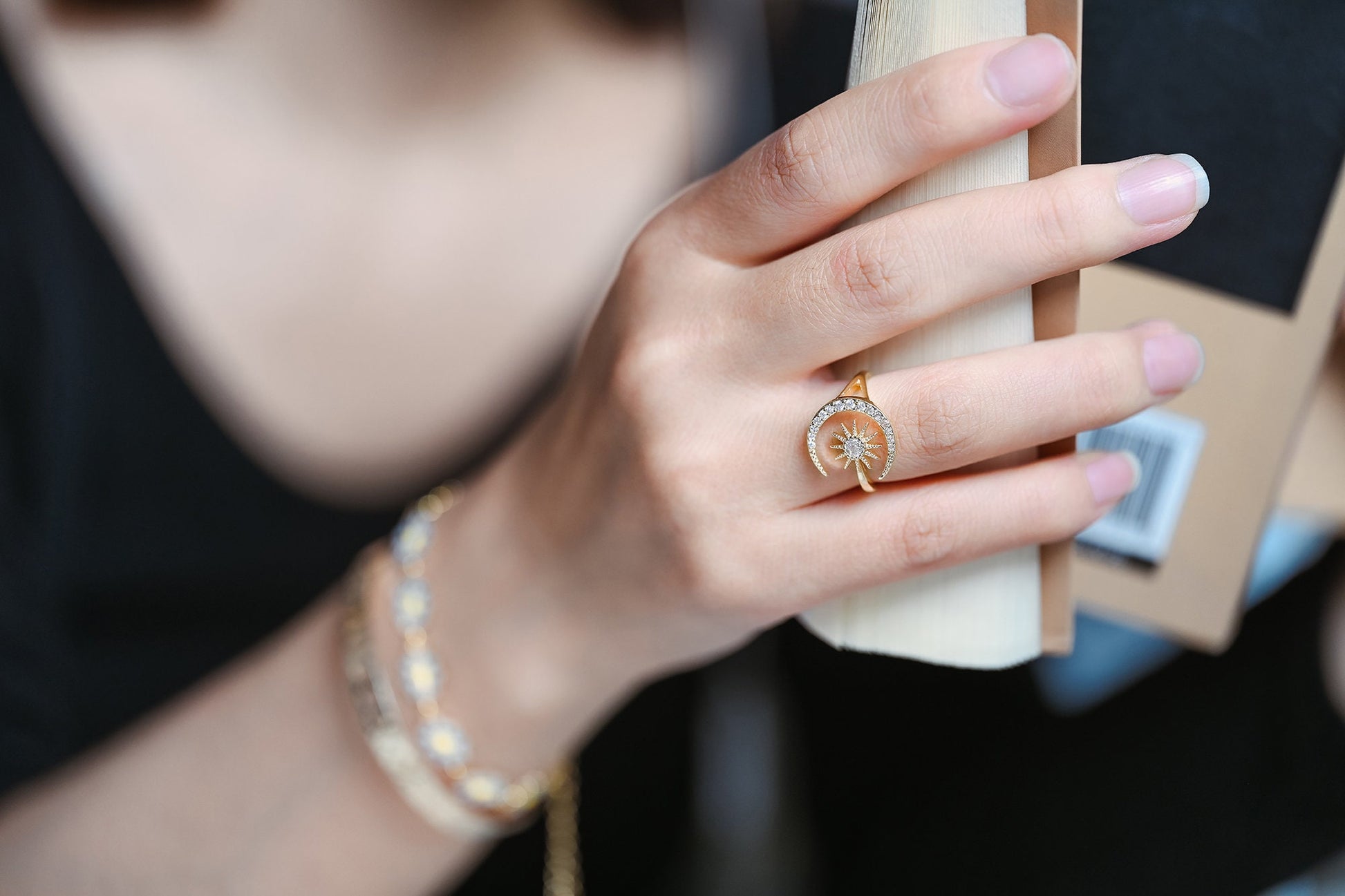 4pcs CZ Pave Gold Sun and Moon Ring, Celestial Ring, Dainty Rings, Adjustable Ring, Open Band Statement Ring (#GB-3727)