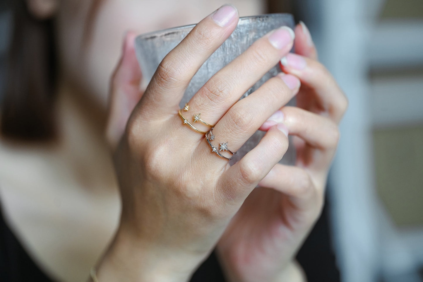 4pcs CZ Pave North Star Ring: 18K Gold Plated Double Band, Adjustable (GB-4175)