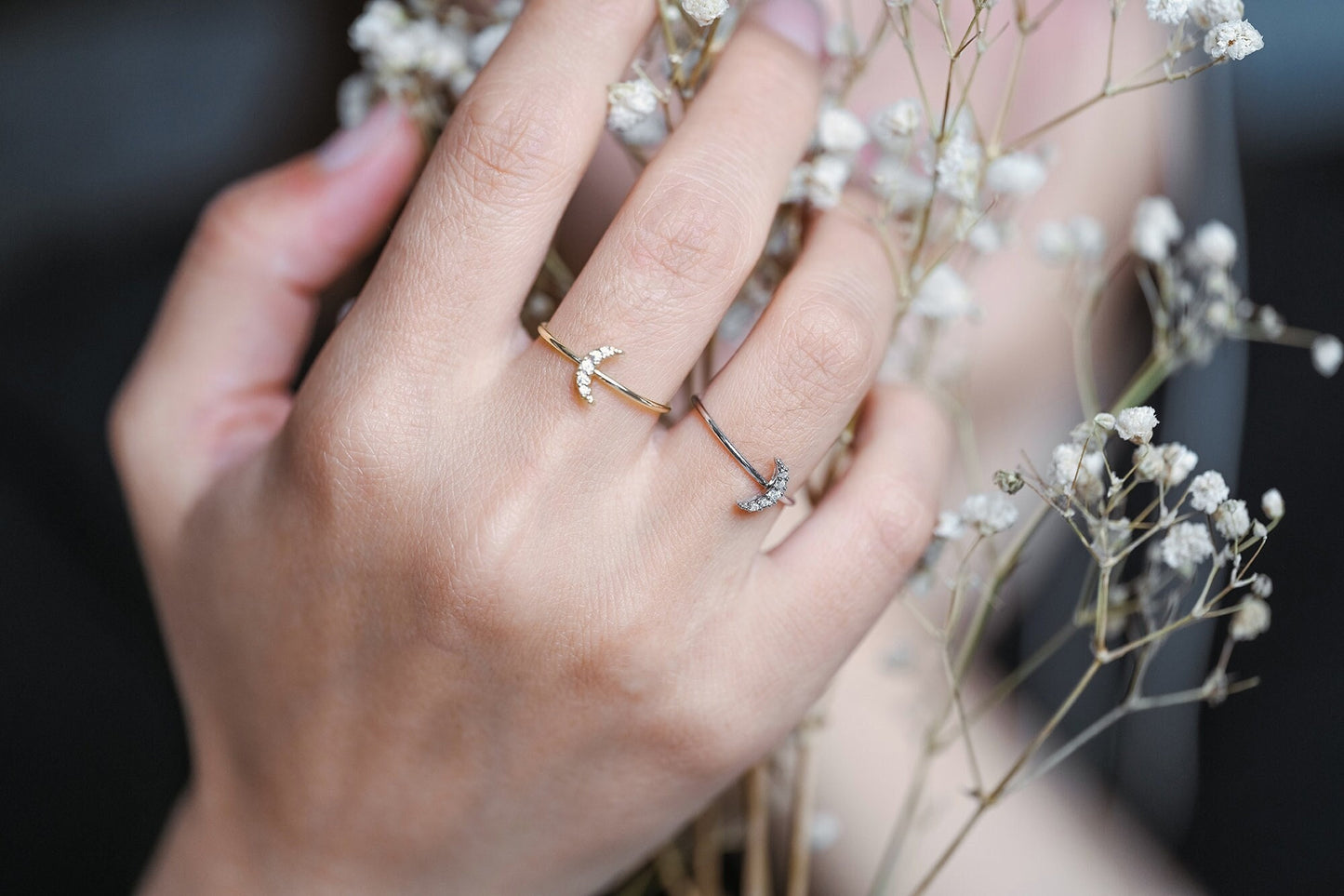 4pcs CZ Pave Gold/ Silver Moon Ring, Celestial Ring, Dainty Rings, Adjustable Ring, Thin Ring (#GB-4176)