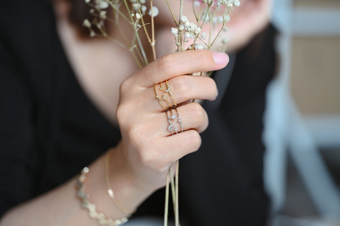 4pcs CZ Pave Triple Band Moon and Star Ring, Celestial Ring, Modern Style Ring, Fashion Rings, Dainty Rings, Adjustable Ring (#JZ-017-D)