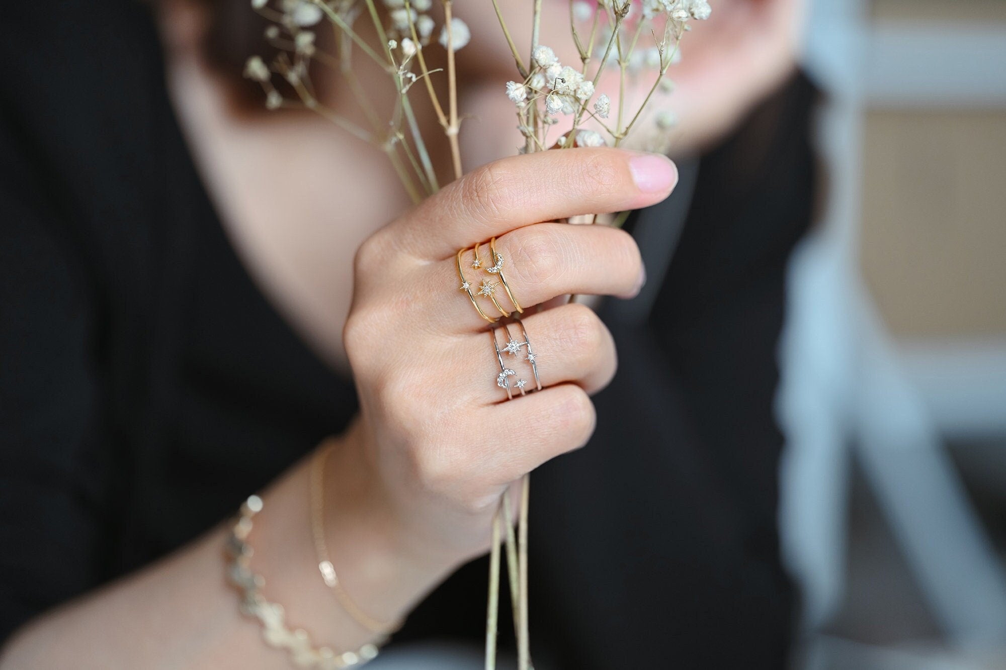 4pcs CZ Pave Triple Band Moon and Star Ring, Celestial Ring, Modern Style Ring, Fashion Rings, Dainty Rings, Adjustable Ring (#GB-4182)