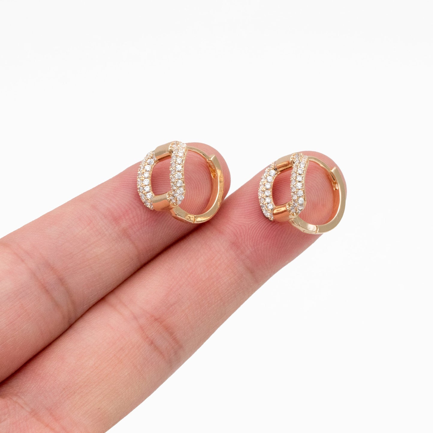 4pcs CZ Pave Gold Hoop Earrings, 14mm, Gold plated Brass, Dainty Huggie Earrings, Minimalist Earrings (GB-3894-B)