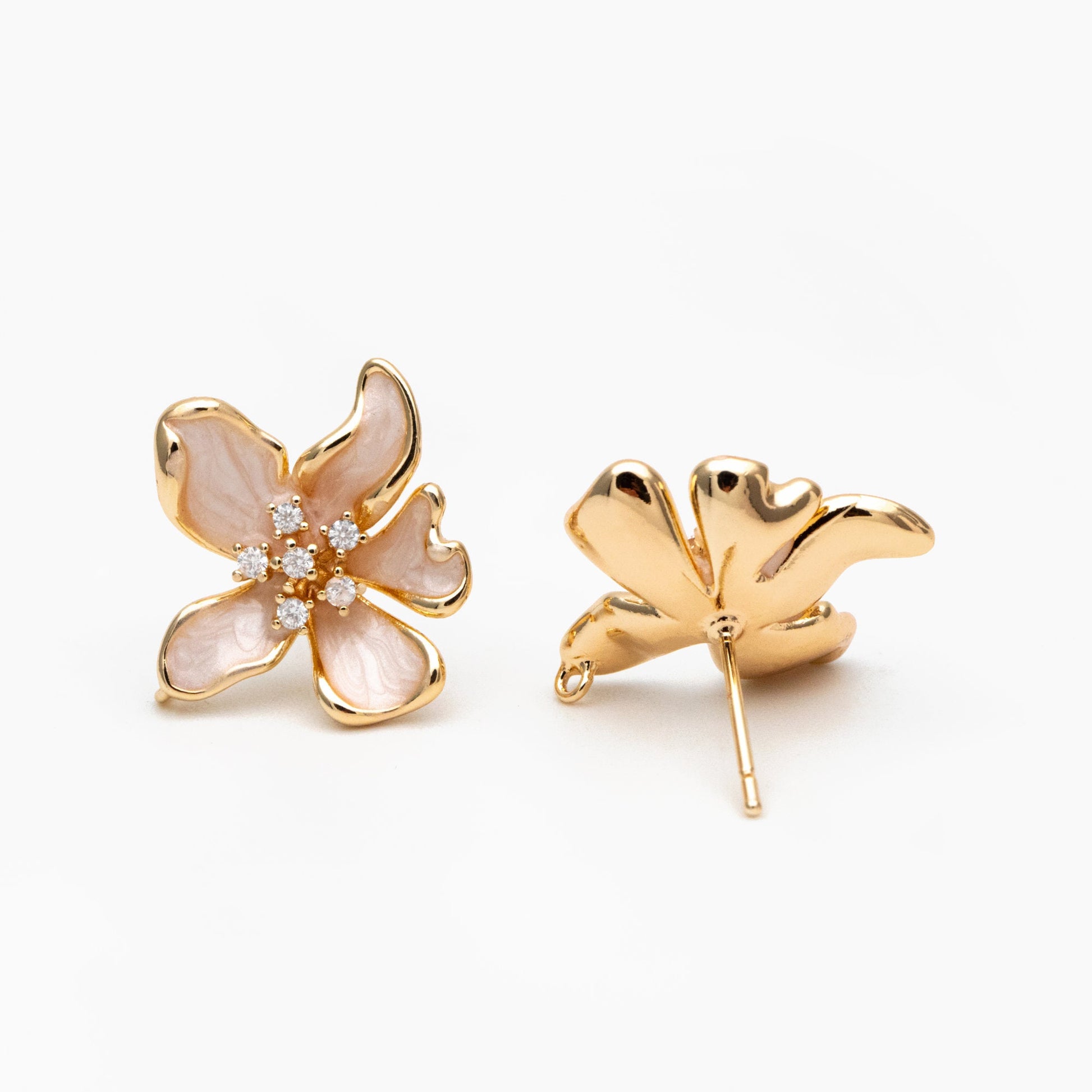 4pcs CZ Pave Gold Enamel Flower Earrings with Loop, Gold Plated Brass Stud Earrings, DIY Ear Findings (GB-4445)