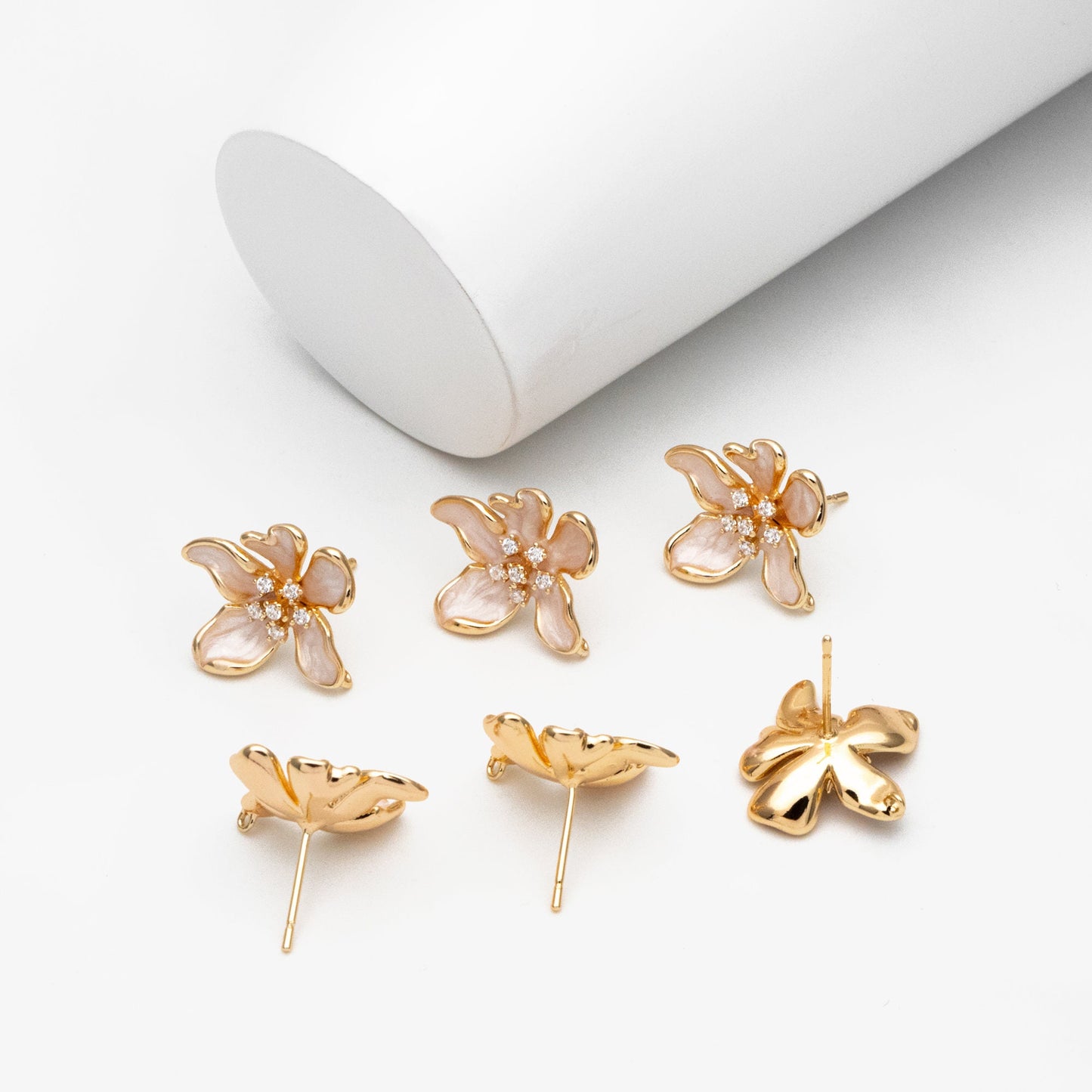 4pcs CZ Pave Gold Enamel Flower Earrings with Loop, Gold Plated Brass Stud Earrings, DIY Ear Findings (GB-4445)