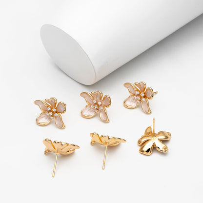 4pcs CZ Pave Gold Enamel Flower Earrings with Loop, Gold Plated Brass Stud Earrings, DIY Ear Findings (GB-4445)