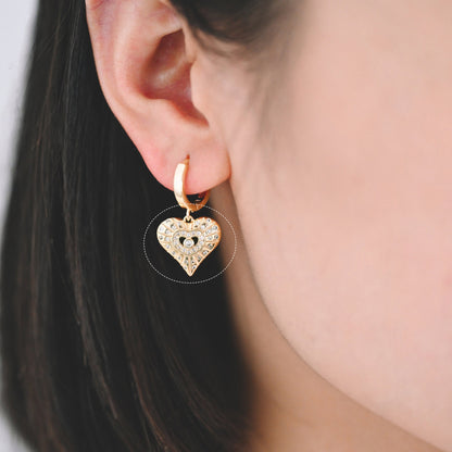 4pcs CZ Pave Gold Heart Pendants: 18K Gold Plated Brass Charms 15mm, (GB-4409-D)