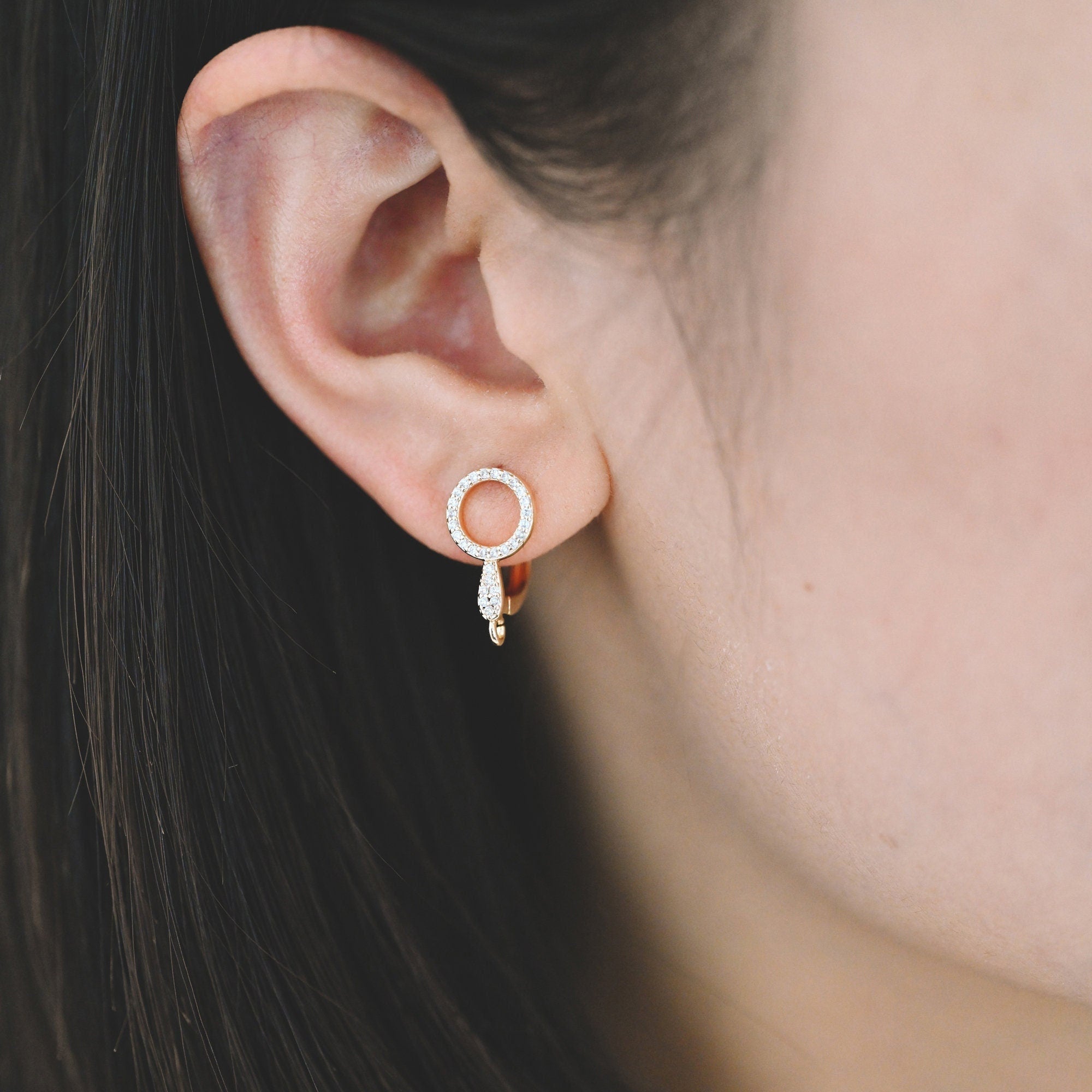 4pcs CZ Pave Gold Click-in Style Leverback Earring with Loop, Earring Finding Wholesale (GB-3002-A)