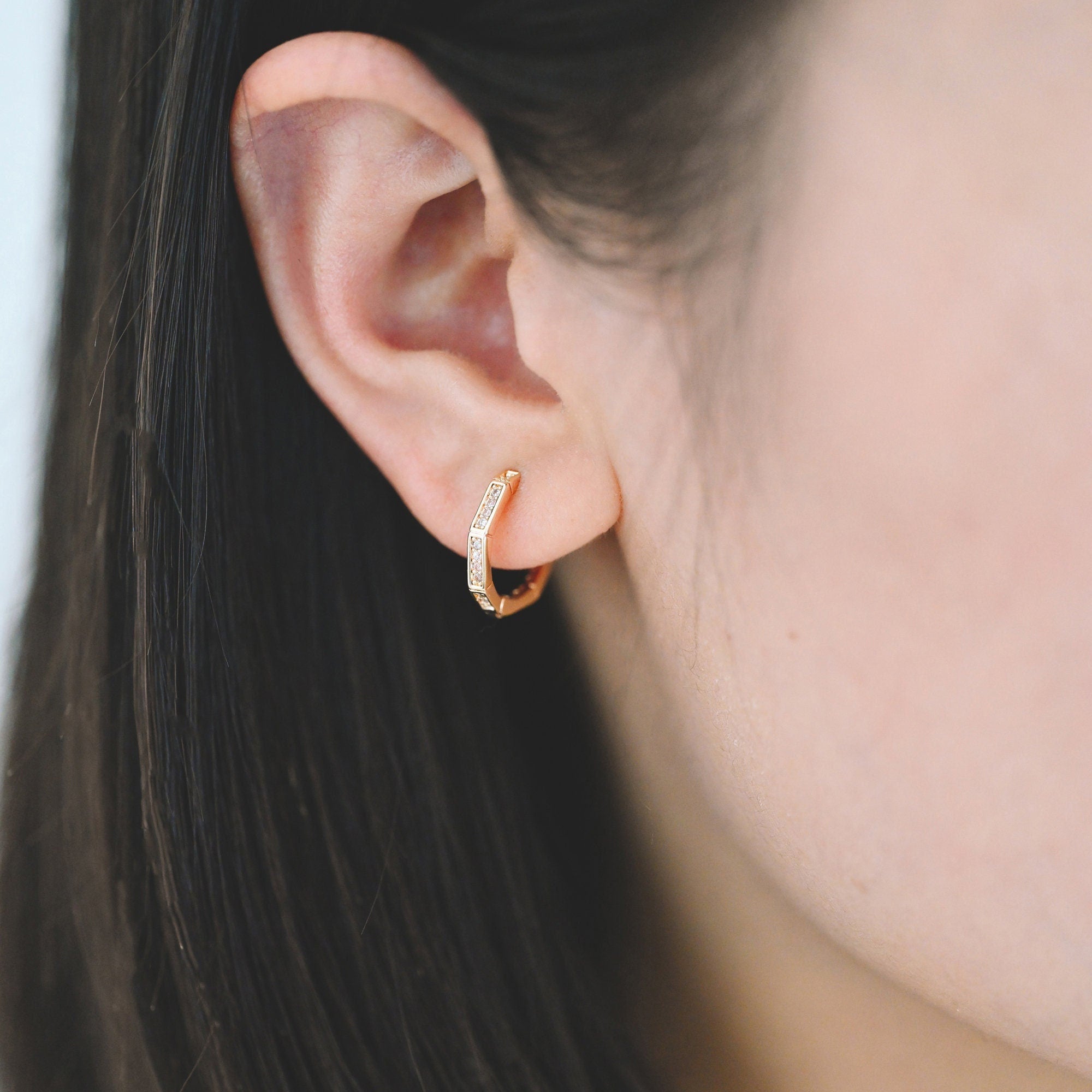 4pcs CZ Paved Polygon Hoop Earrings, Geometric Huggie Earrings, Minimalist Hoop Earrings (GB-2398)