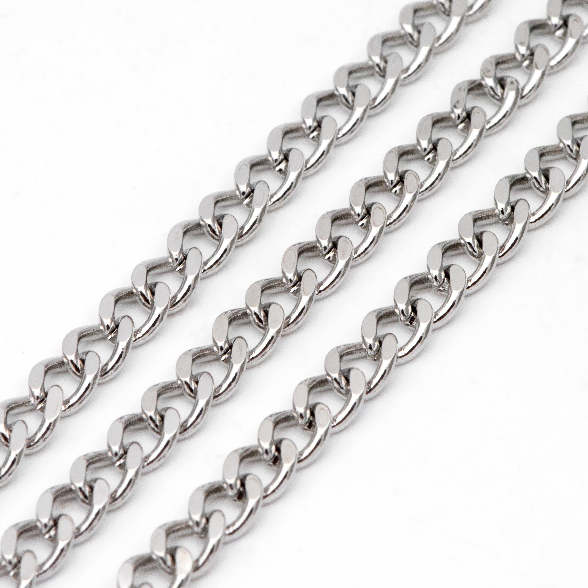 Gold/ Silver Tone Flat Curb Chain 4mm, 18K Gold/ Rhodium Plated Brass, Strong Curb Chain (#LK-429)/ 1 Meter=3.3 ft