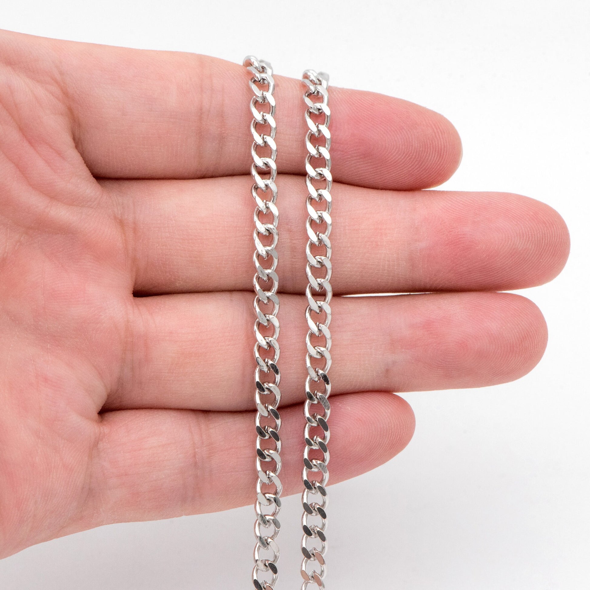 Gold/ Silver Tone Flat Curb Chain 4mm, 18K Gold/ Rhodium Plated Brass, Strong Curb Chain (#LK-429)/ 1 Meter=3.3 ft