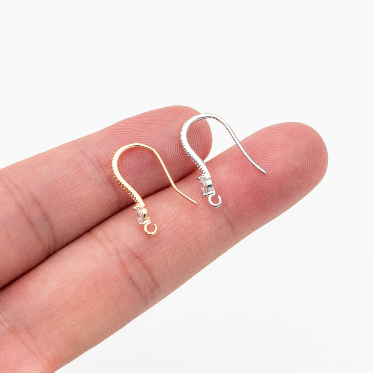 10pcs CZ Pave Gold/ Silver Earring Hooks, 18K Gold/ Rhodium Plated Brass Earwires, Jewelry Supplies Wholesale (GB-317-E)