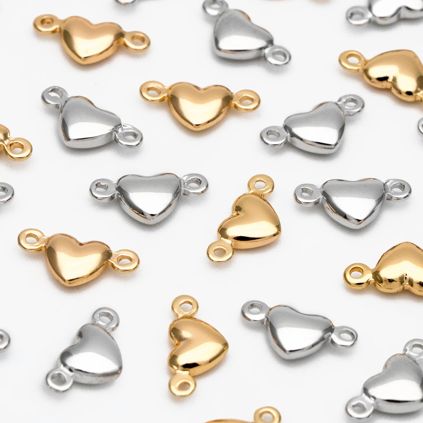 20pcs Gold /Silver Heart Connectors 10mm, Real Gold/ Rhodium plated Brass Heart Charms with Two Loops (GB-235)