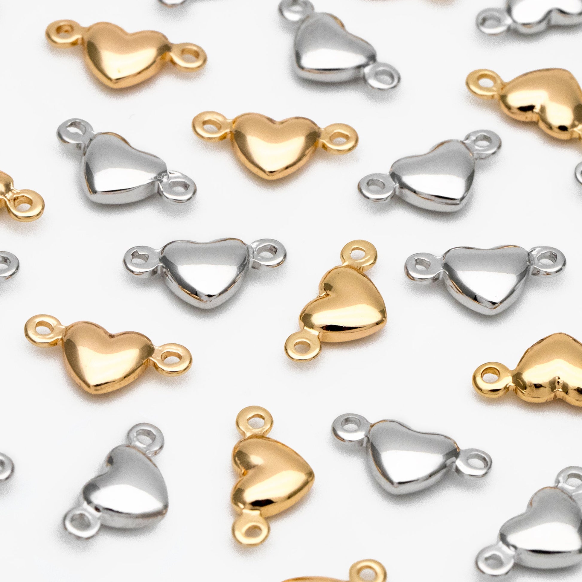 20pcs Gold /Silver Heart Connectors 10mm, Real Gold/ Rhodium plated Brass Heart Charms with Two Loops (GB-235)
