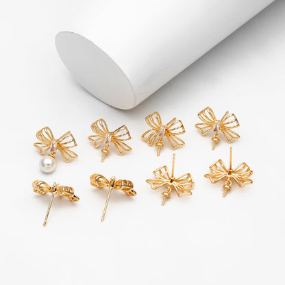 4pcs CZ Pave Gold Bowknot Earrings With Pearl Peg, Pearl Earring Mounts, Half Drilled Pearls Earring Settings (GB-4438)