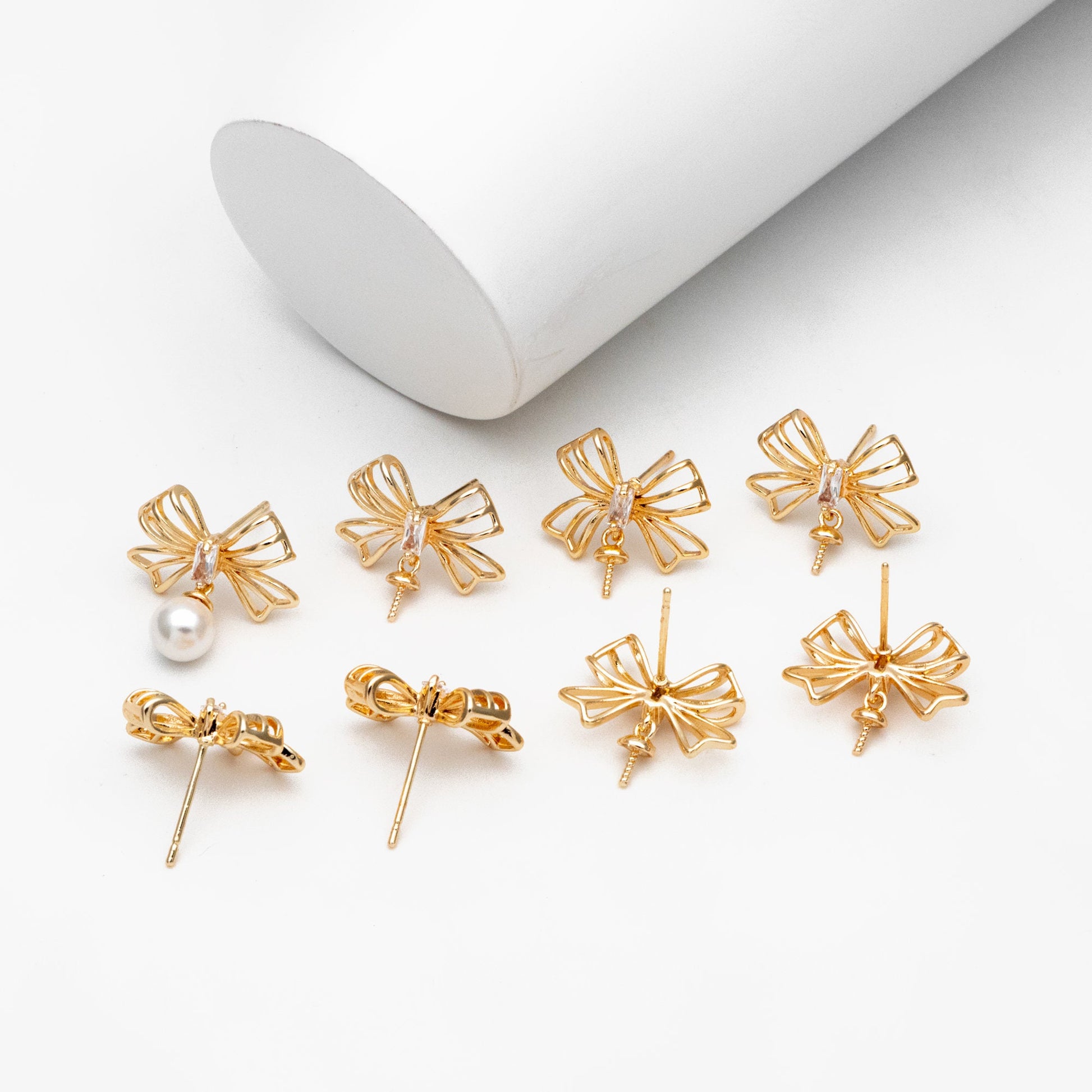 4pcs CZ Pave Gold Bowknot Earrings With Pearl Peg, Pearl Earring Mounts, Half Drilled Pearls Earring Settings (GB-4438)