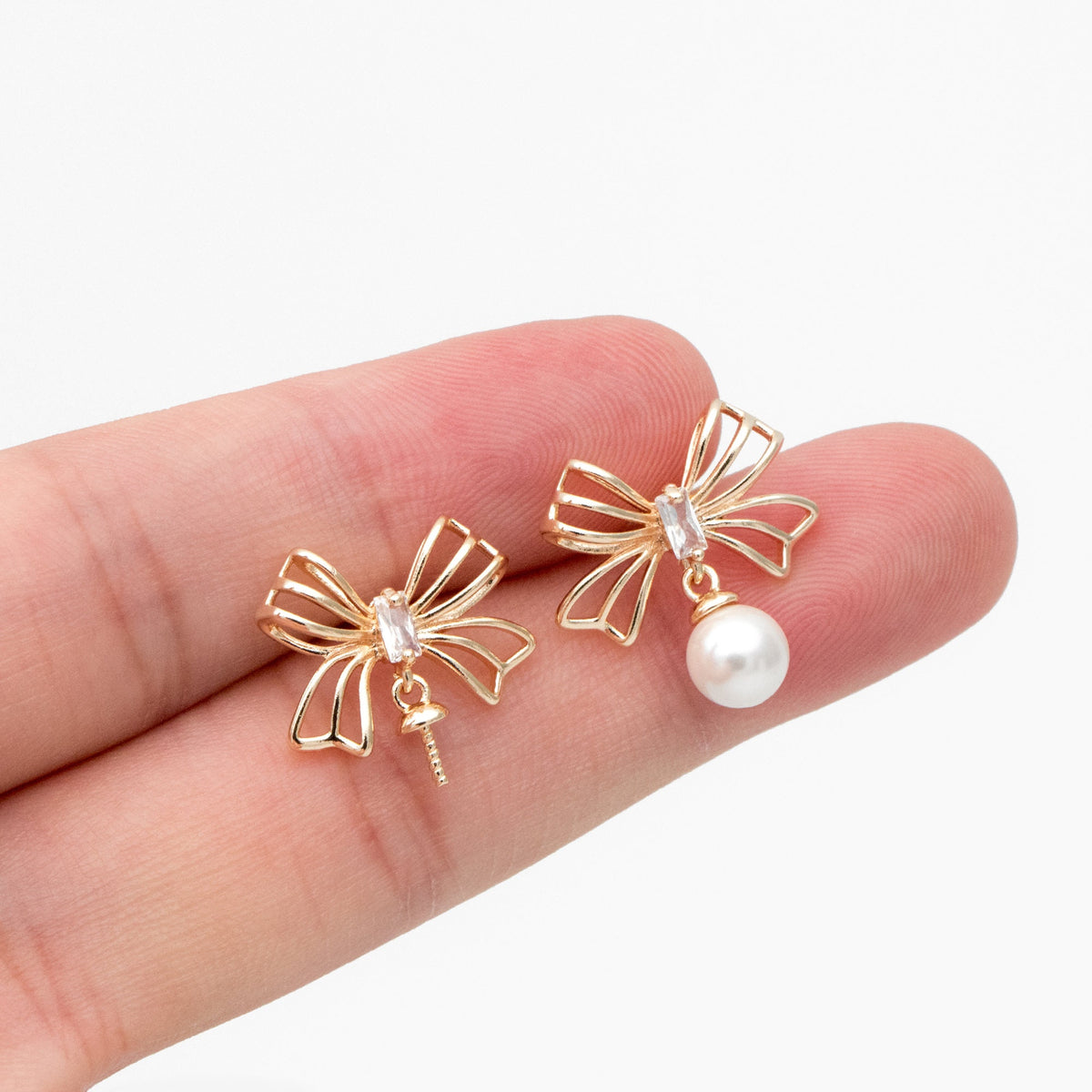 4pcs CZ Pave Gold Bowknot Earrings With Pearl Peg, Pearl Earring Mounts, Half Drilled Pearls Earring Settings (GB-747-E)