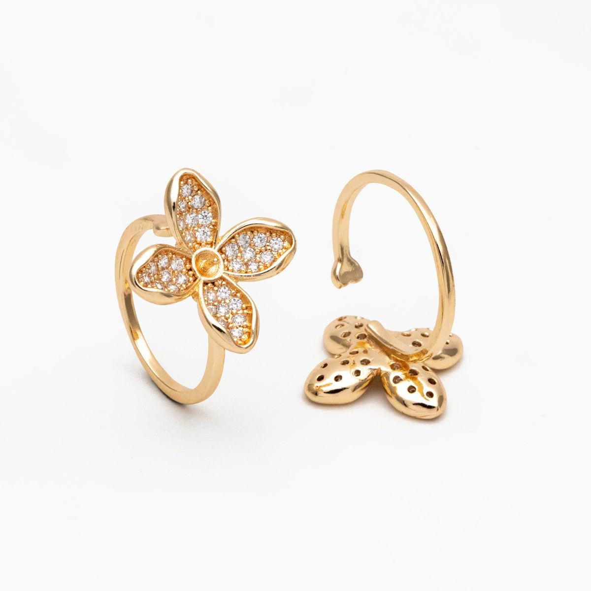 4pcs CZ Pave Gold Flower Ring, Adjustable Ring Mounting, Pearl Ring Setting (#JZ-019-C)