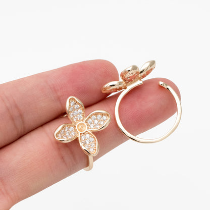 4pcs CZ Pave Gold Flower Ring, Adjustable Ring Mounting, Pearl Ring Setting (#GB-4439)