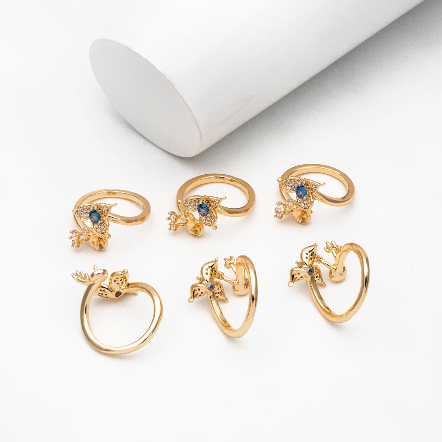 4pcs Blue CZ Pave Gold Flower Ring, Adjustable Ring Mounting, Pearl Ring Setting (#GB-4440)